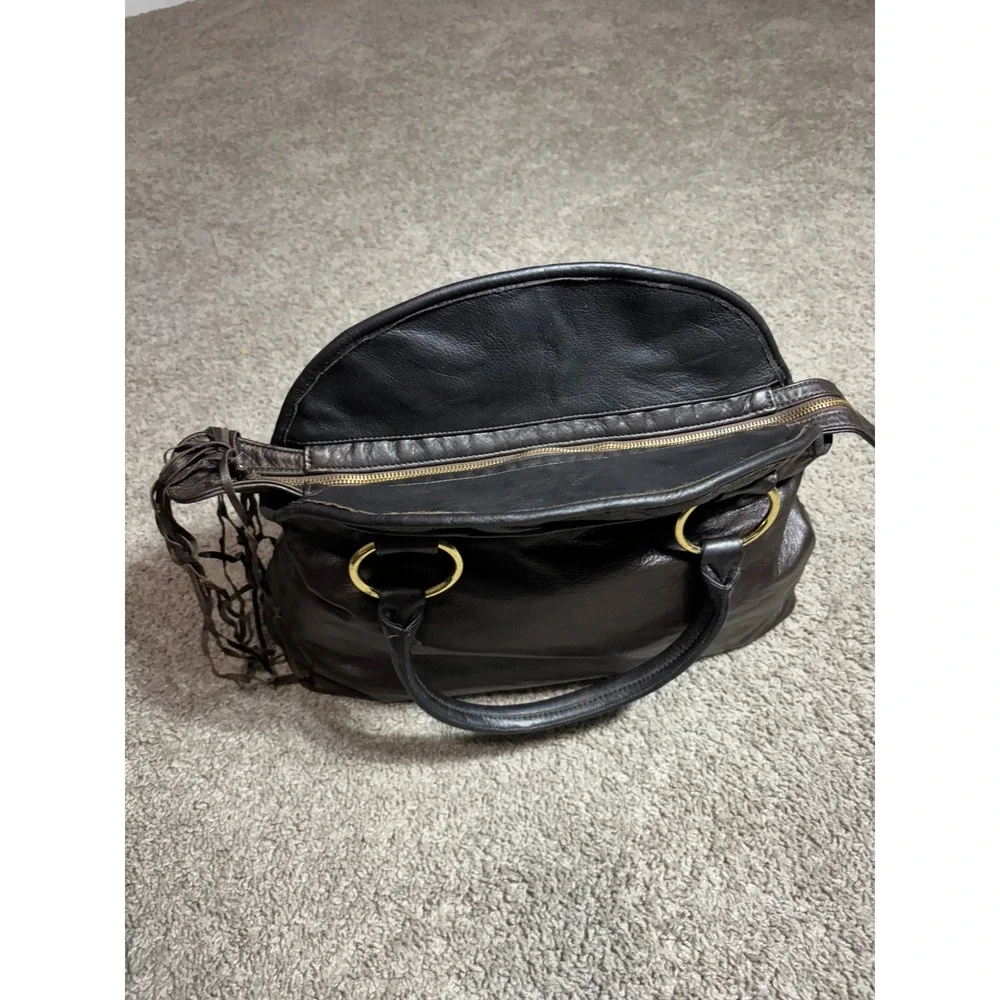 Bulga Dark Brown Leather Satchel Handbag Gold Ring Hardware Tassel Fringe Boho